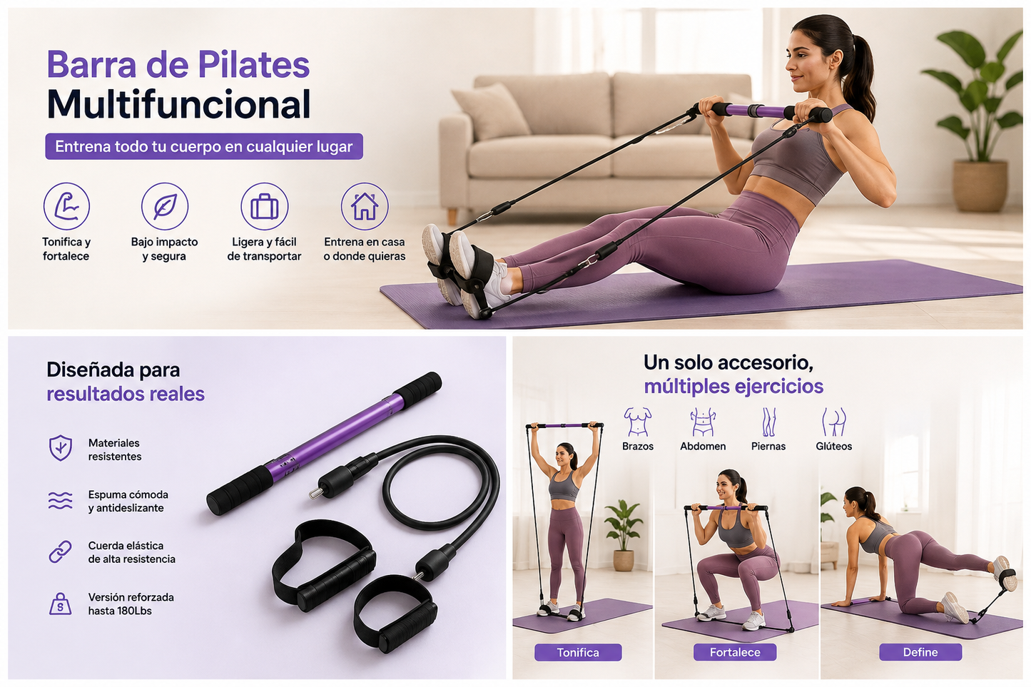 Barra de Pilates Abrenta color rosa - kit completo y ejercicios
